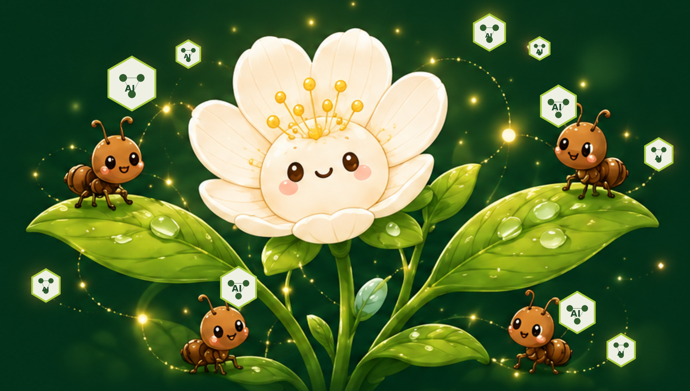 A luminous flowering plant, friendly ants and AI network markers illustrating symbiosis between organizations and AI systems.